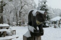 geschnitzter Holzmarder im Sinnespfad des Walderlebniszentrums mit Schnee bedeckt