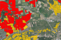 Landschaft aus der Vogelperspektive: bestimmte Gebiete sind rot und gelb markiert